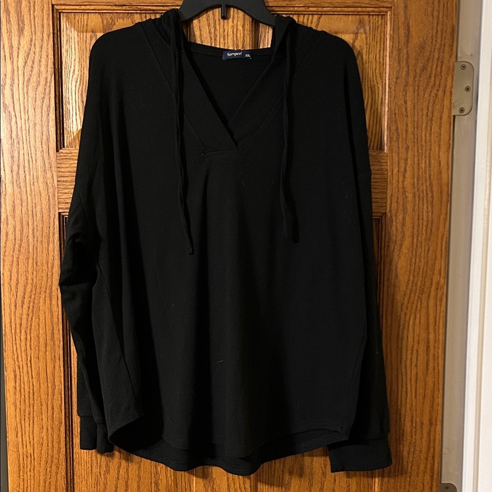 Black Hooded Long Sleeve Top